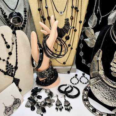 Fashion Jewelry Lot Silver & Black Necklace Earri… - image 1