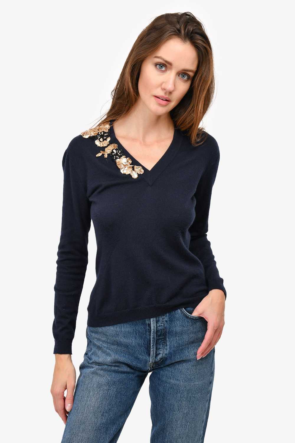 Christian Dior Navy Cashmere Sequin Floral Embroi… - image 1