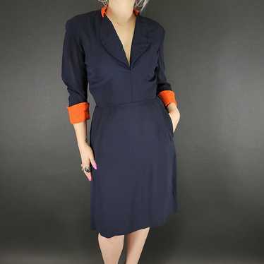 40s Navy Blue Rayon Dress - image 1