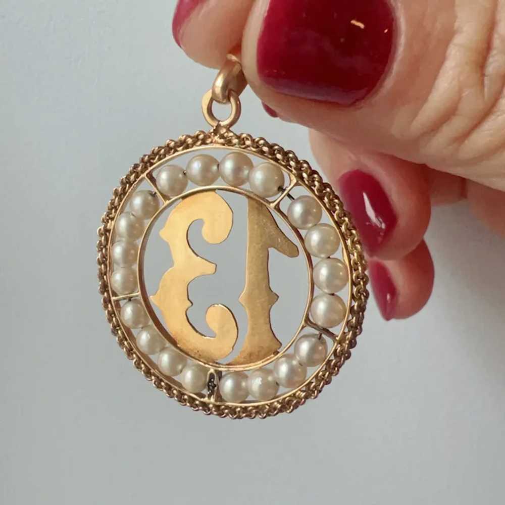 Large Vintage 18K gold pearl lucky 13 medal penda… - image 6