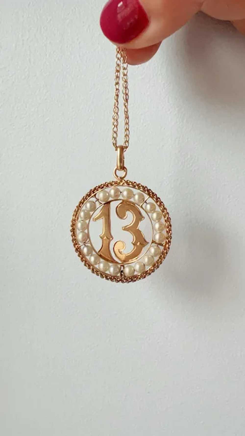 Large Vintage 18K gold pearl lucky 13 medal penda… - image 9