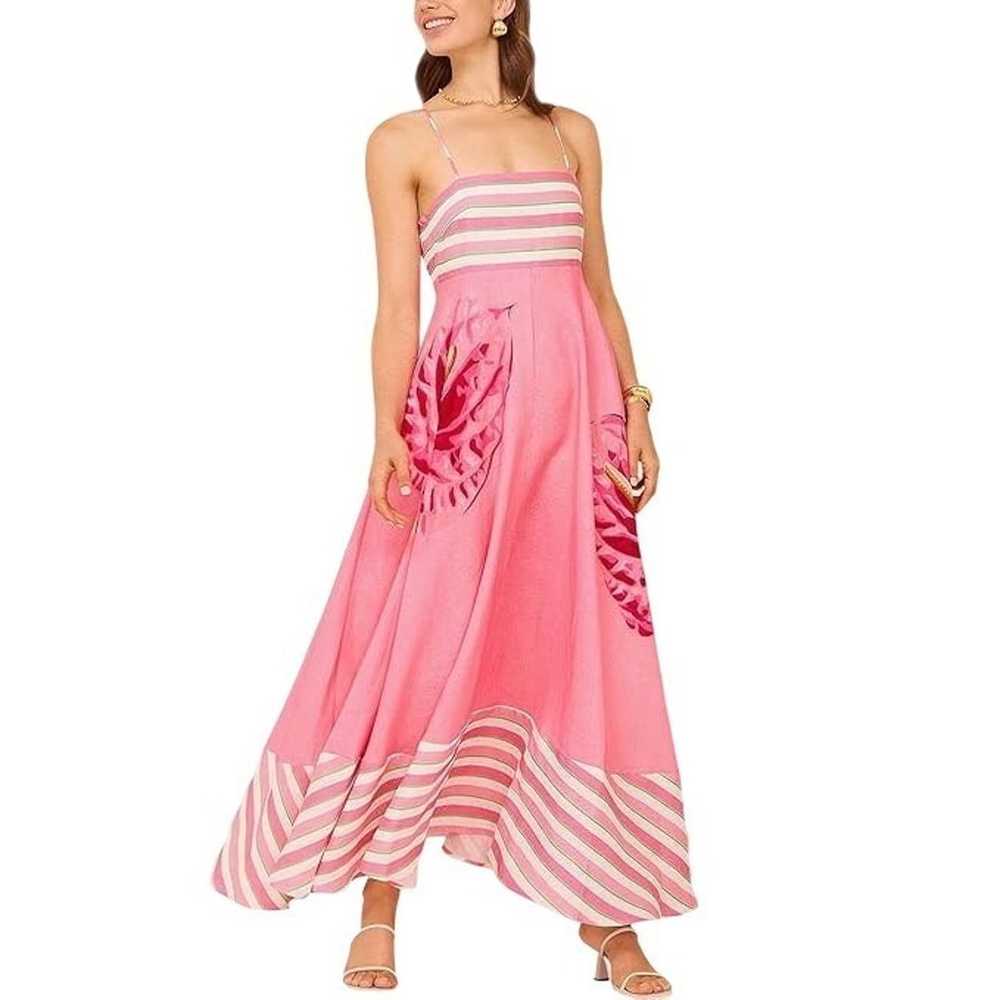 Pink Striped Floral Maxi Dress with Spaghetti Str… - image 1