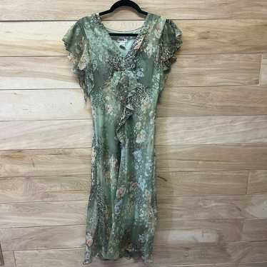 Vintage boho chic floral satin leopard print gree… - image 1