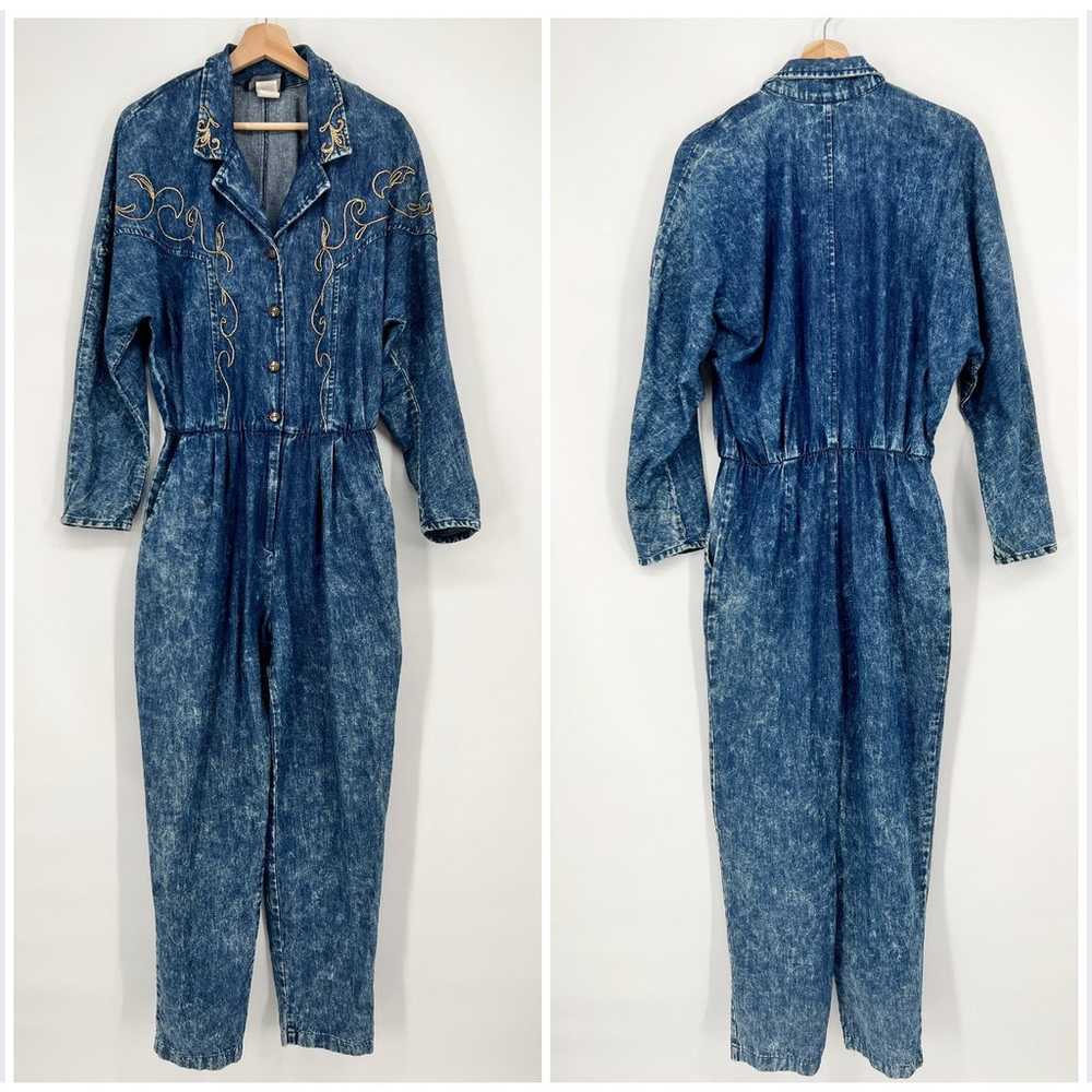 Vintage 80s Acid Wash Denim Jumpsuit Plus Sz 14 P… - image 1