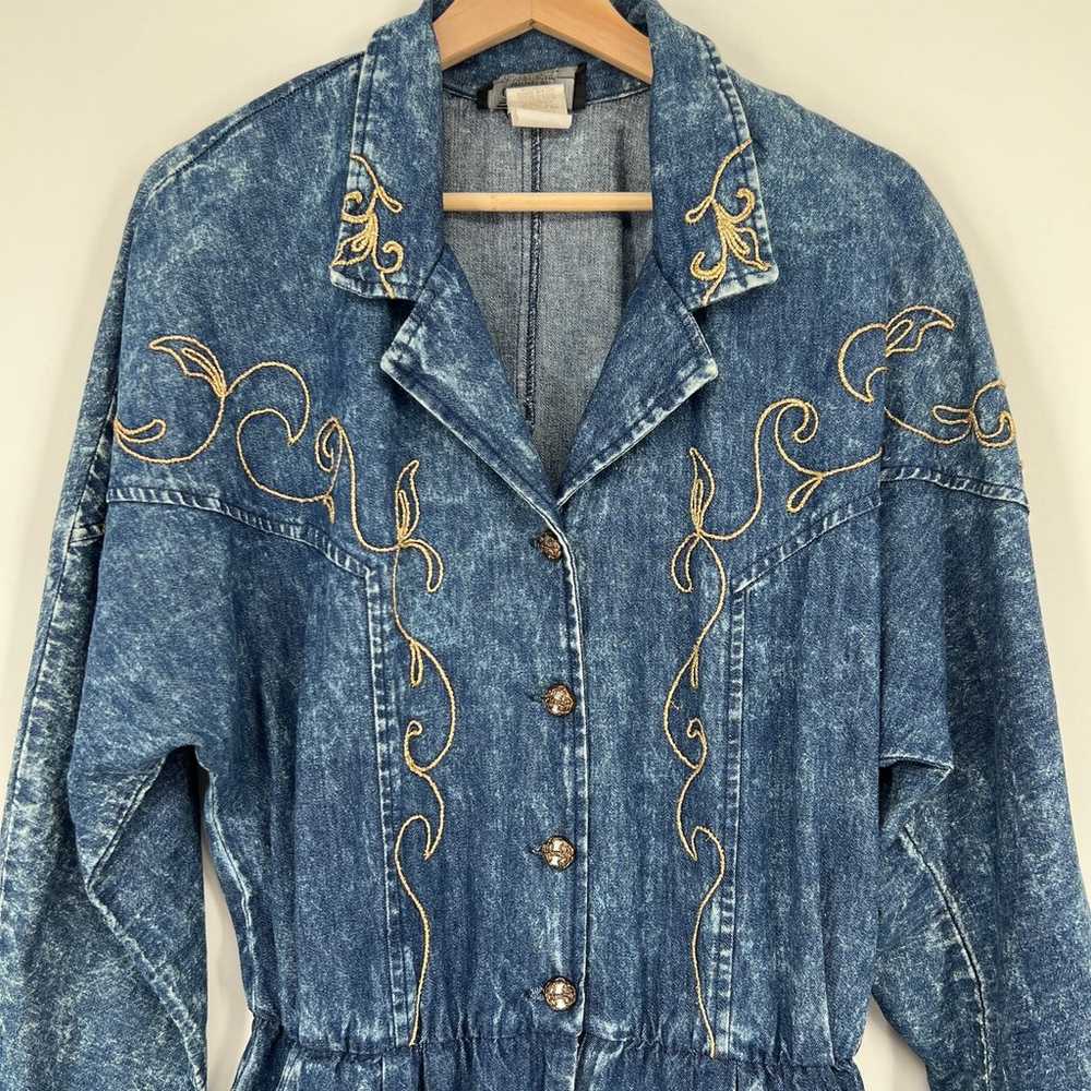 Vintage 80s Acid Wash Denim Jumpsuit Plus Sz 14 P… - image 2