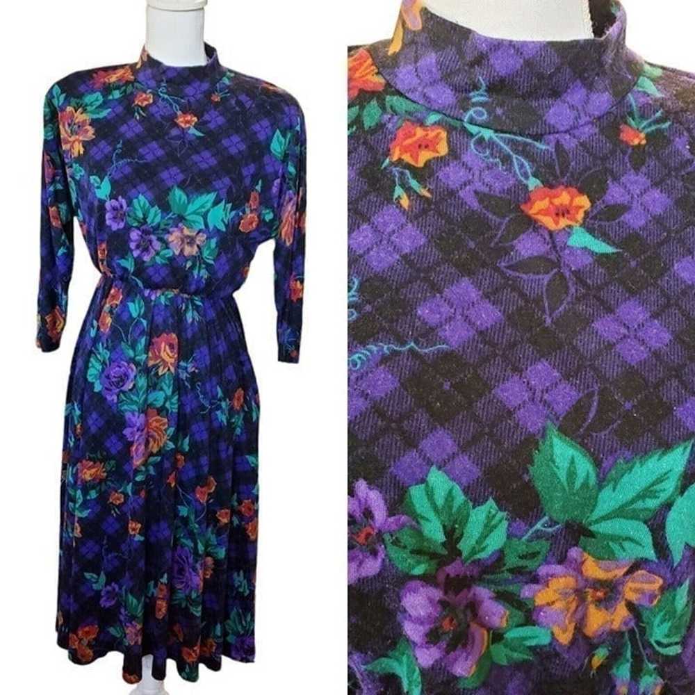 Vintage 80s Womens Dark Floral Plaid Midi Dress M… - image 1