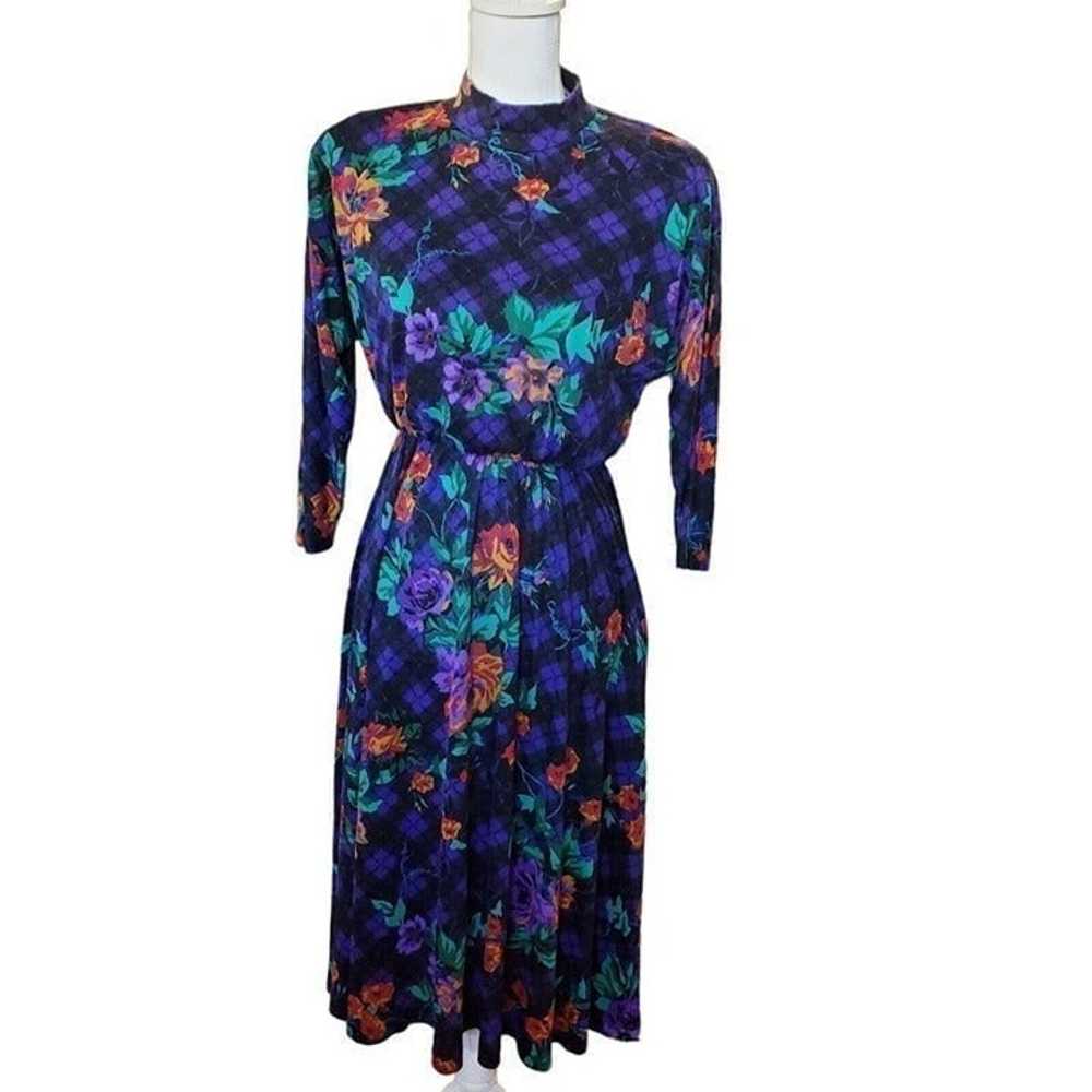 Vintage 80s Womens Dark Floral Plaid Midi Dress M… - image 2