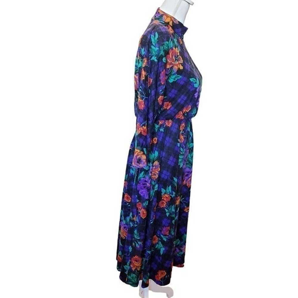 Vintage 80s Womens Dark Floral Plaid Midi Dress M… - image 5