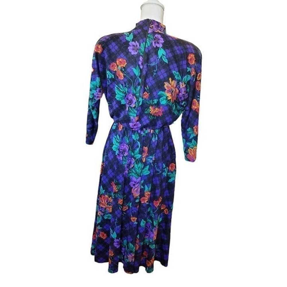 Vintage 80s Womens Dark Floral Plaid Midi Dress M… - image 6