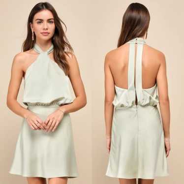 Lulus Sleek Essence Sage Green Satin Halter Sleeve