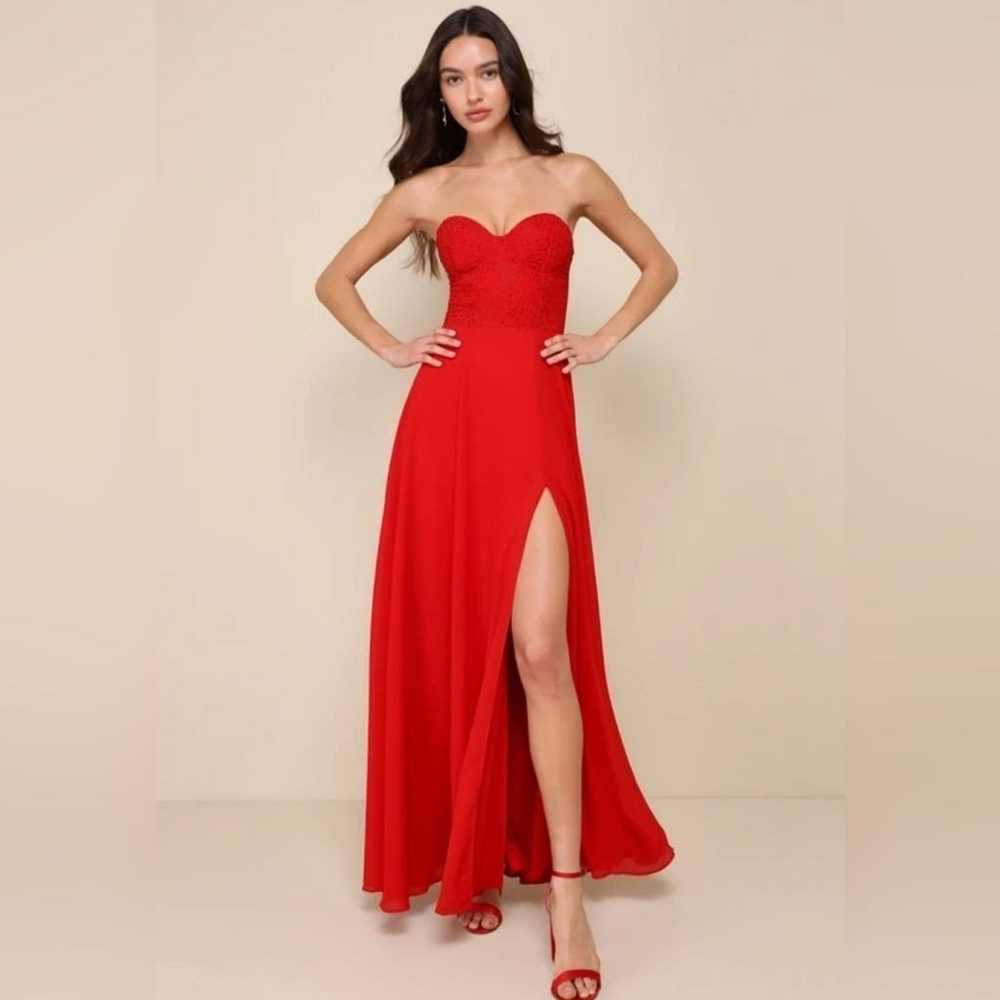 NWOT Lulu's Red Rhinestone Strapless Maxi Dress S… - image 1