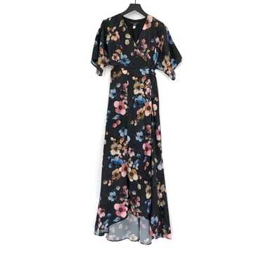 HUTCH Watercolor Floral Mxi Dress Black Pink Blue 