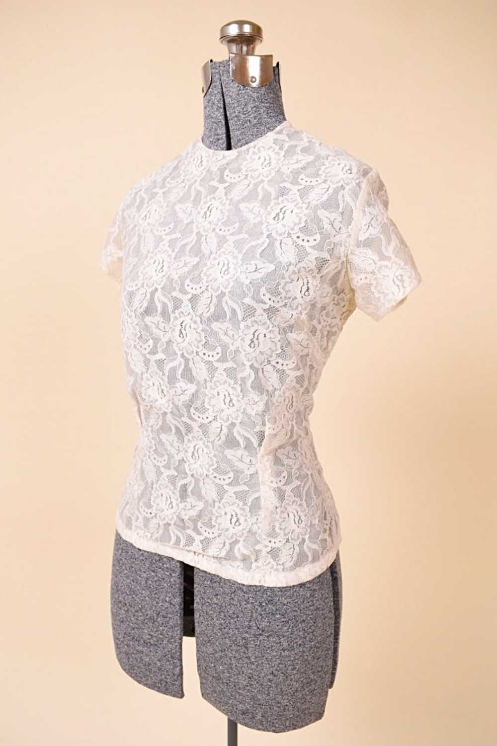 Cream Lace Sheer High-Neck Top, M/L - image 2