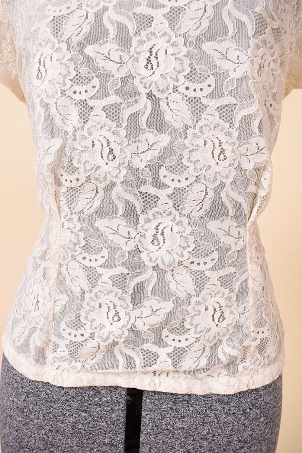 Cream Lace Sheer High-Neck Top, M/L - image 7