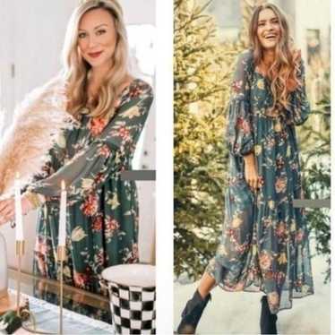 ANTHROPOLOGIE Evelin Green Floral Maxi Dress