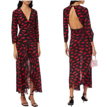 Rixo Womens Lips Maxi Dress Black Red Ruffle Silk… - image 1