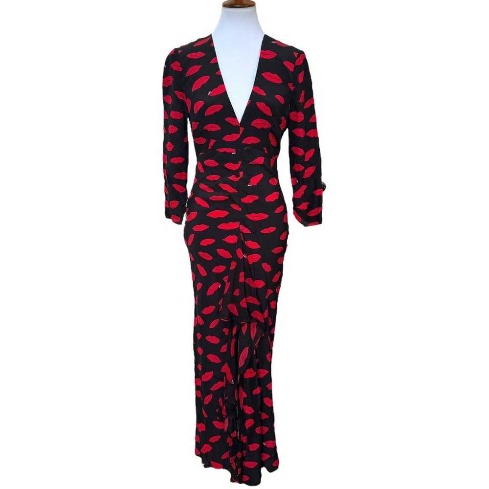 Rixo Womens Lips Maxi Dress Black Red Ruffle Silk… - image 2