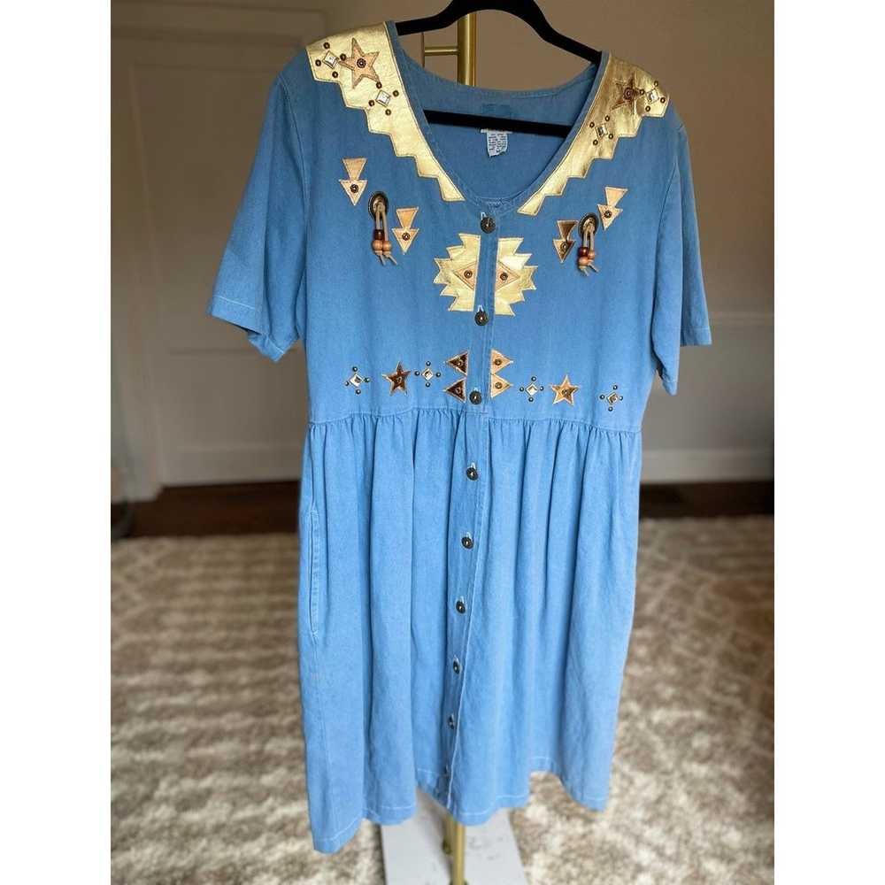 Vintage Western Denim Dress Gold Applique Festiva… - image 1