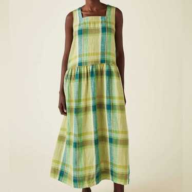 TOAST Acid Green Linen Drop Waist Plaid Midi Dress