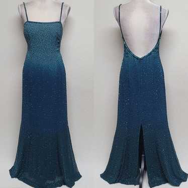 90s Vintage Laurence Kozar Teal Ombre Beaded Silk 