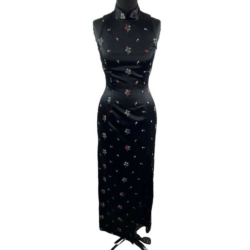 VINTAGE Jessica McClintock Black Dress Floral Asi… - image 1