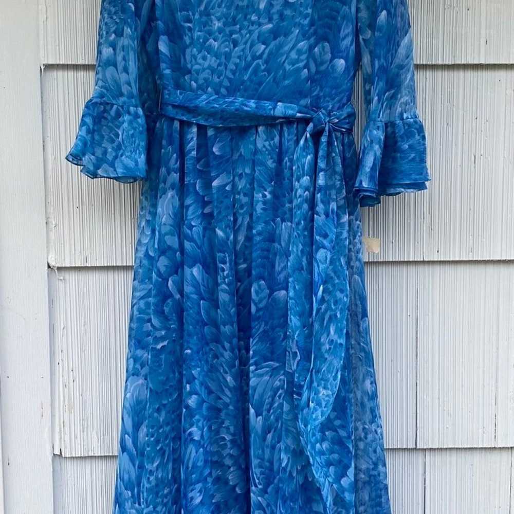 Vtg Don Luis 70s Chiffon Peacock Blue Evening Dre… - image 1