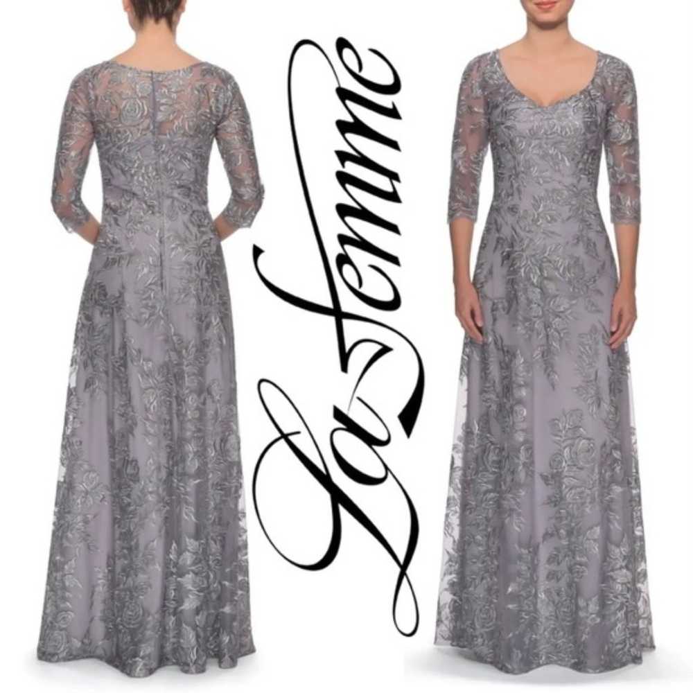 NEW, La Femme, Floral Embroidered Mesh A-Line Gown - image 1