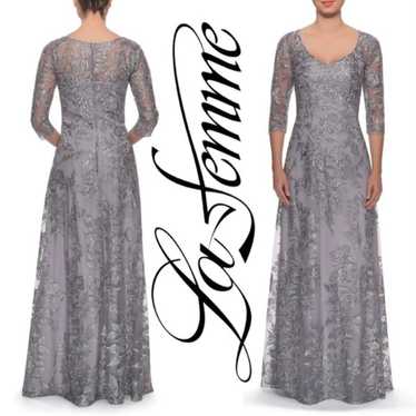 NEW, La Femme, Floral Embroidered Mesh A-Line Gown - image 1