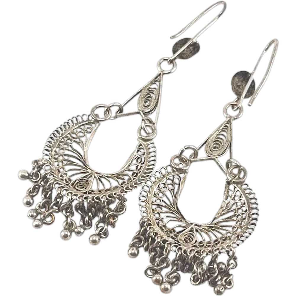 Vintage Bohemian Style Silver Filigree Dangle Ear… - image 1