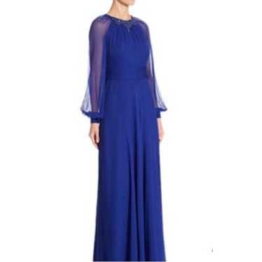 Teri Jon Blue Chiffon Long Sleeve Beaded Gown Dre… - image 1