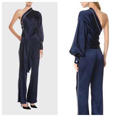 JONATHAN SIMKHAI Navy Blue Satin One Shoulder Jum… - image 1