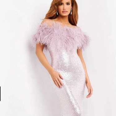 Jovani Sequin Feather Off the Shoulder Gown 06166