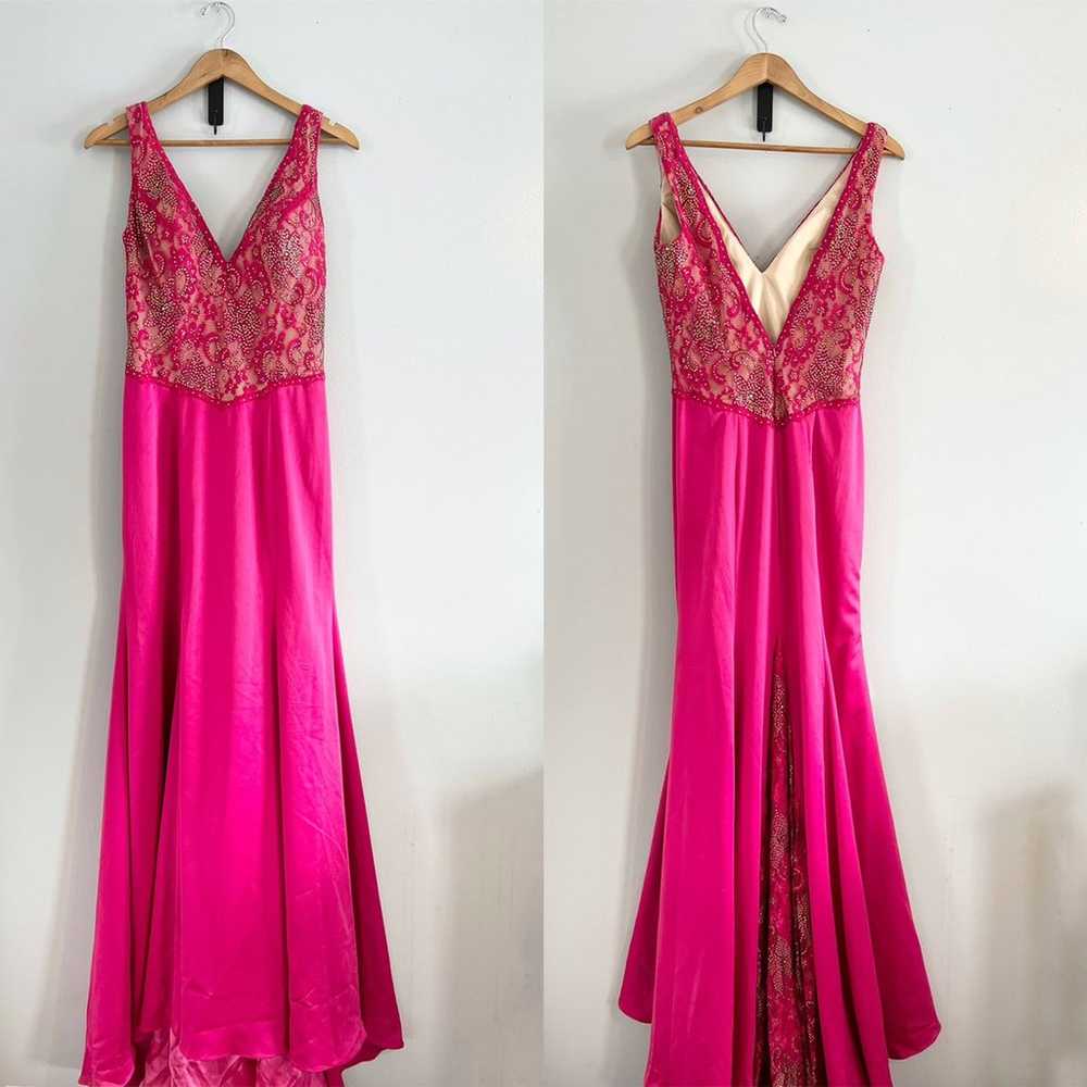 Vienna Plunging Lace Bodice Train Prom Dress Pink… - image 3