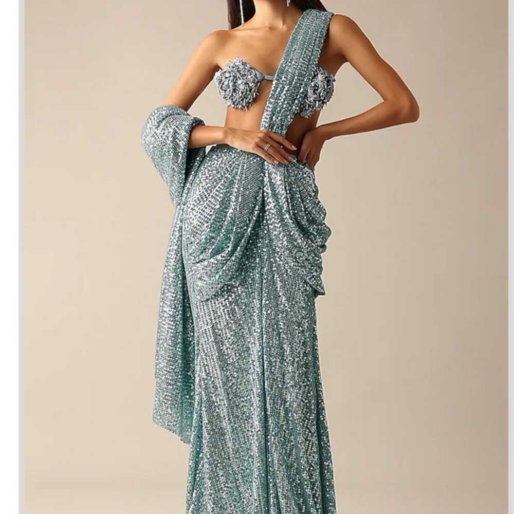 Blue sequin saree gown from Deme by Gabriella - image 1