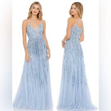 【MAC DUGGAL】関税込★スパンコールブルーガウン MAC DUGGAL SALE スパンコールレースVネック花柄ロングドレス