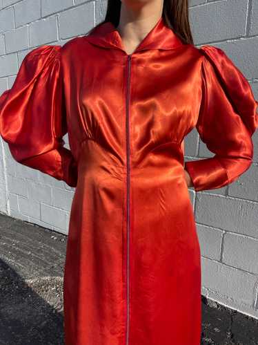 1940s Orange Rust Bell Zip Satin Hostess Gown