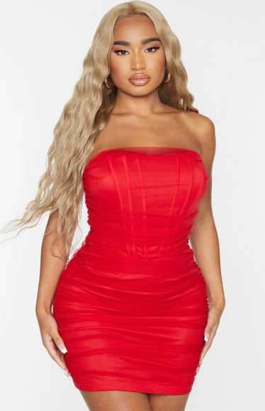 Designer Prettylittlething Red Mesh Corset Bodycon