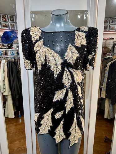 80’s Black & Beige Sequins & Beaded Holiday Top By