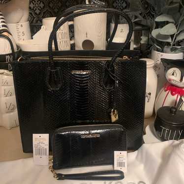 Michael Kors LG Mercer snake skin black tote and … - image 1