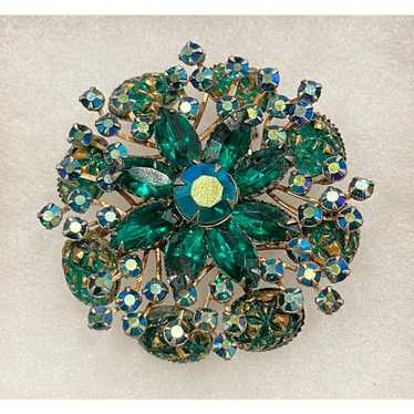 1930s Bohemian Brooch - Large Circular Brooch with Claw Set Faceted Green selling Rhinestones on an Intricate Floral Pressed Metal Background