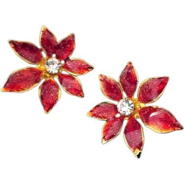 Christmas Poinsettia Earrings Sparkling Red Ename… - image 1