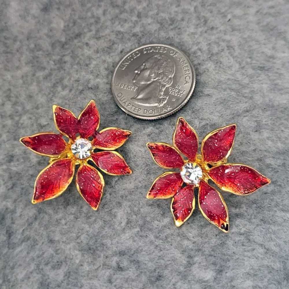 Christmas Poinsettia Earrings Sparkling Red Ename… - image 2