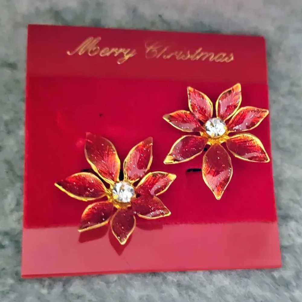 Christmas Poinsettia Earrings Sparkling Red Ename… - image 3