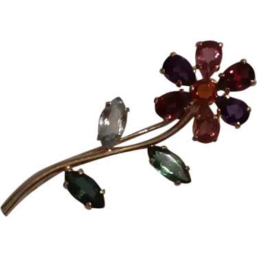 Vintage Multi Gem 18K Solid Gold Flower Pin Tourm… - image 1