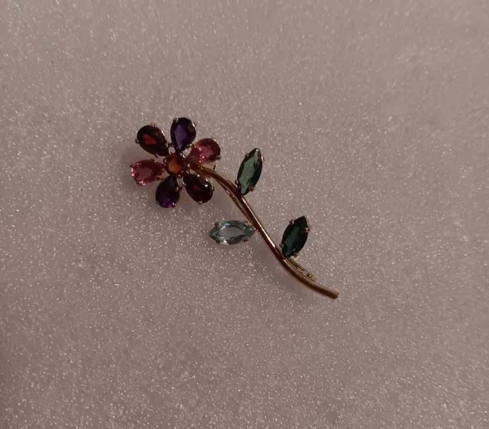 Vintage Multi Gem 18K Solid Gold Flower Pin Tourm… - image 6