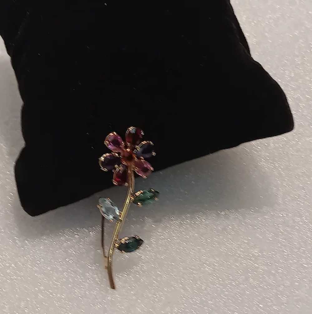 Vintage Multi Gem 18K Solid Gold Flower Pin Tourm… - image 7