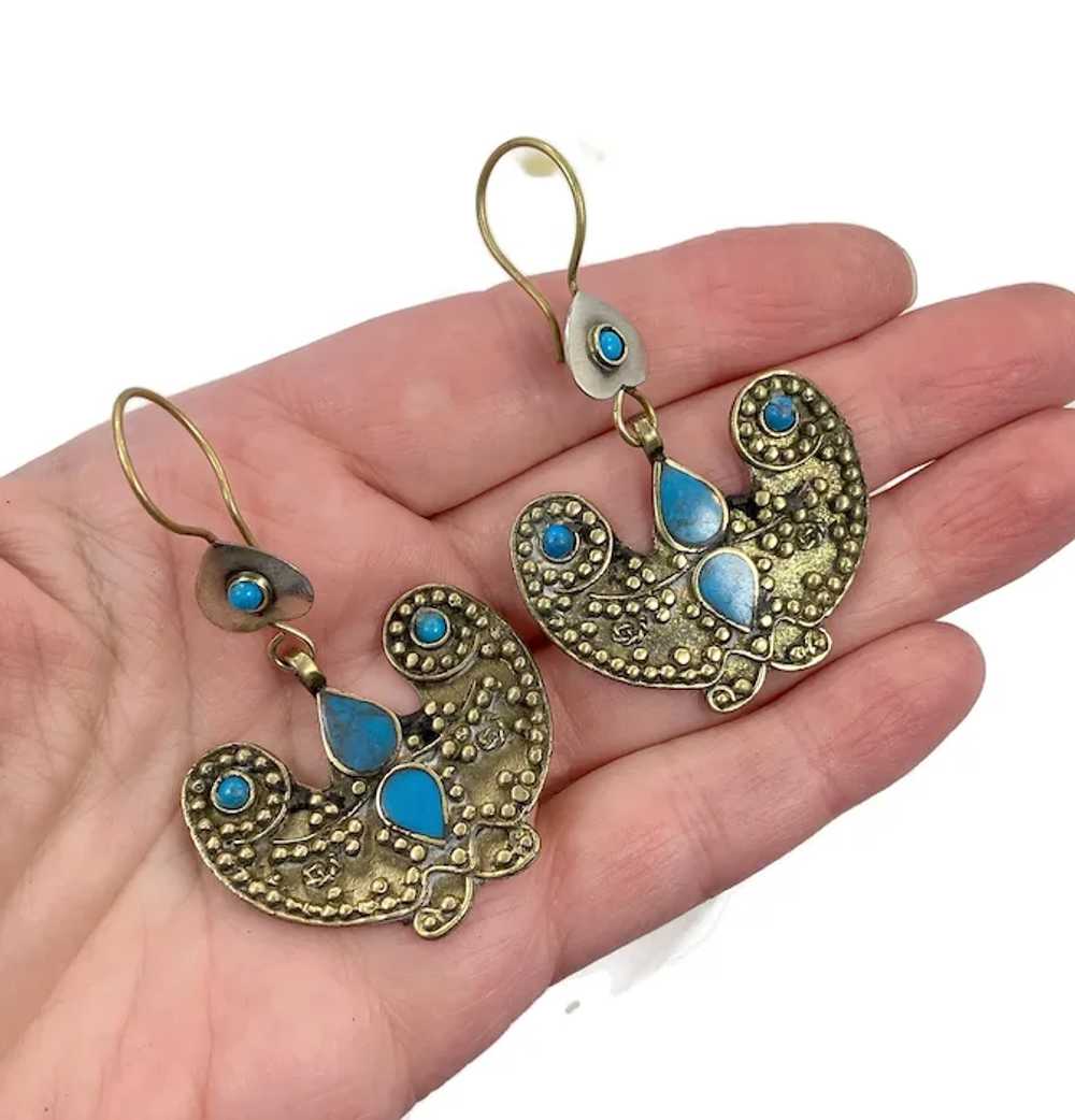 Butterfly Earrings, Afghan, Turquoise, Glass, Mid… - image 2