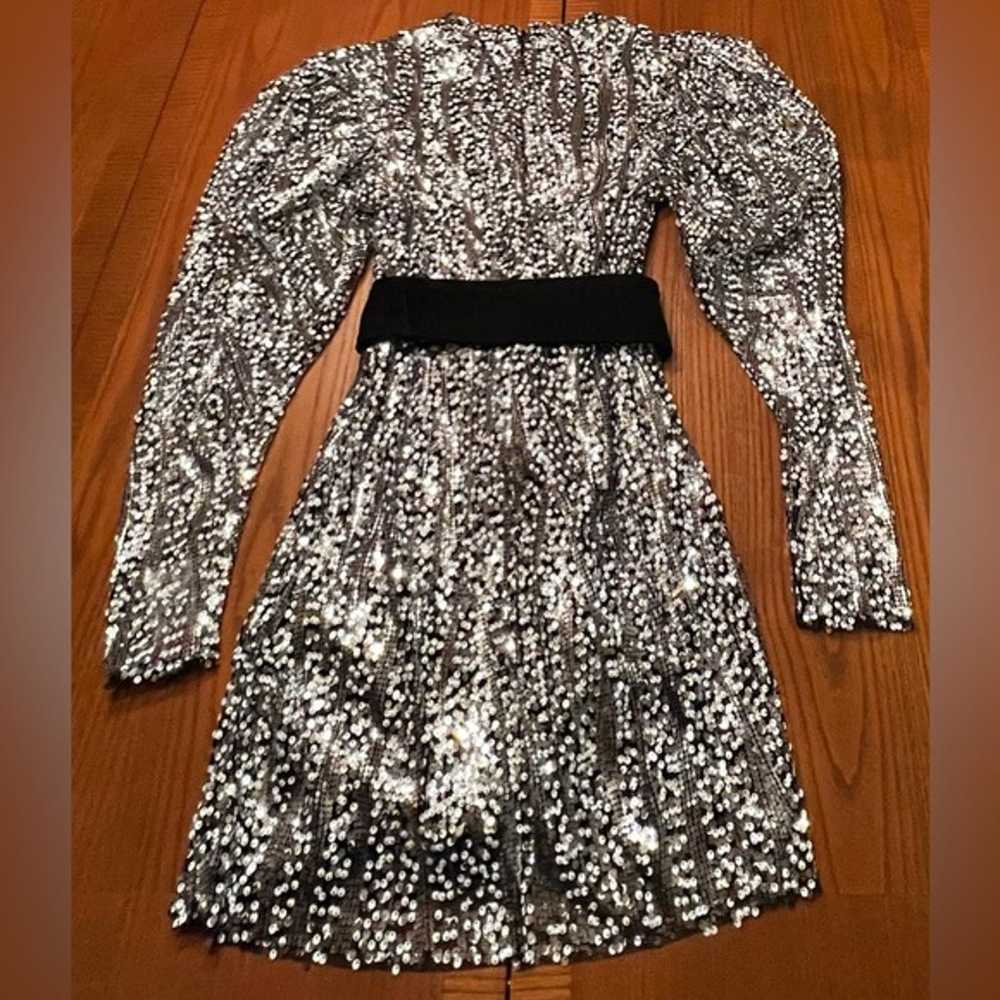 ZARA Silver Sequin Belted Long Puff Sleeve Cockta… - image 11