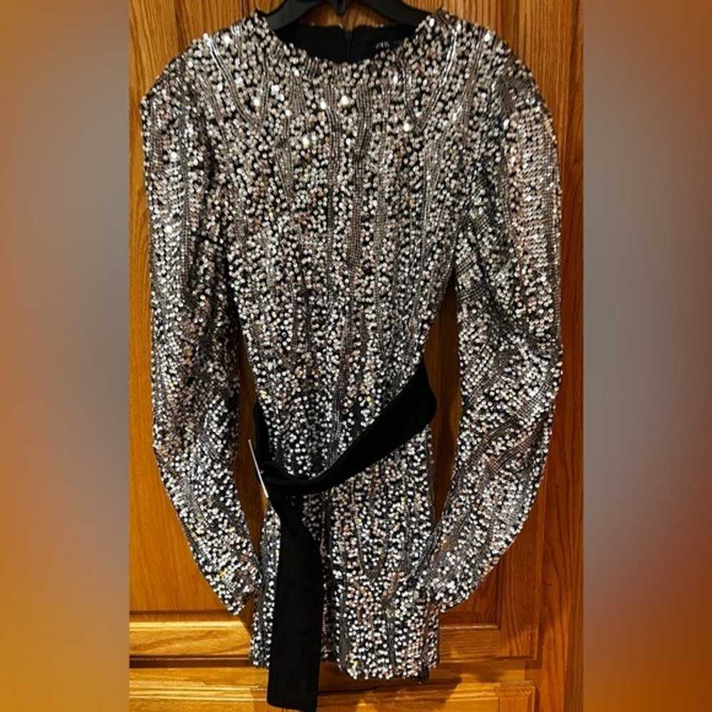 ZARA Silver Sequin Belted Long Puff Sleeve Cockta… - image 12