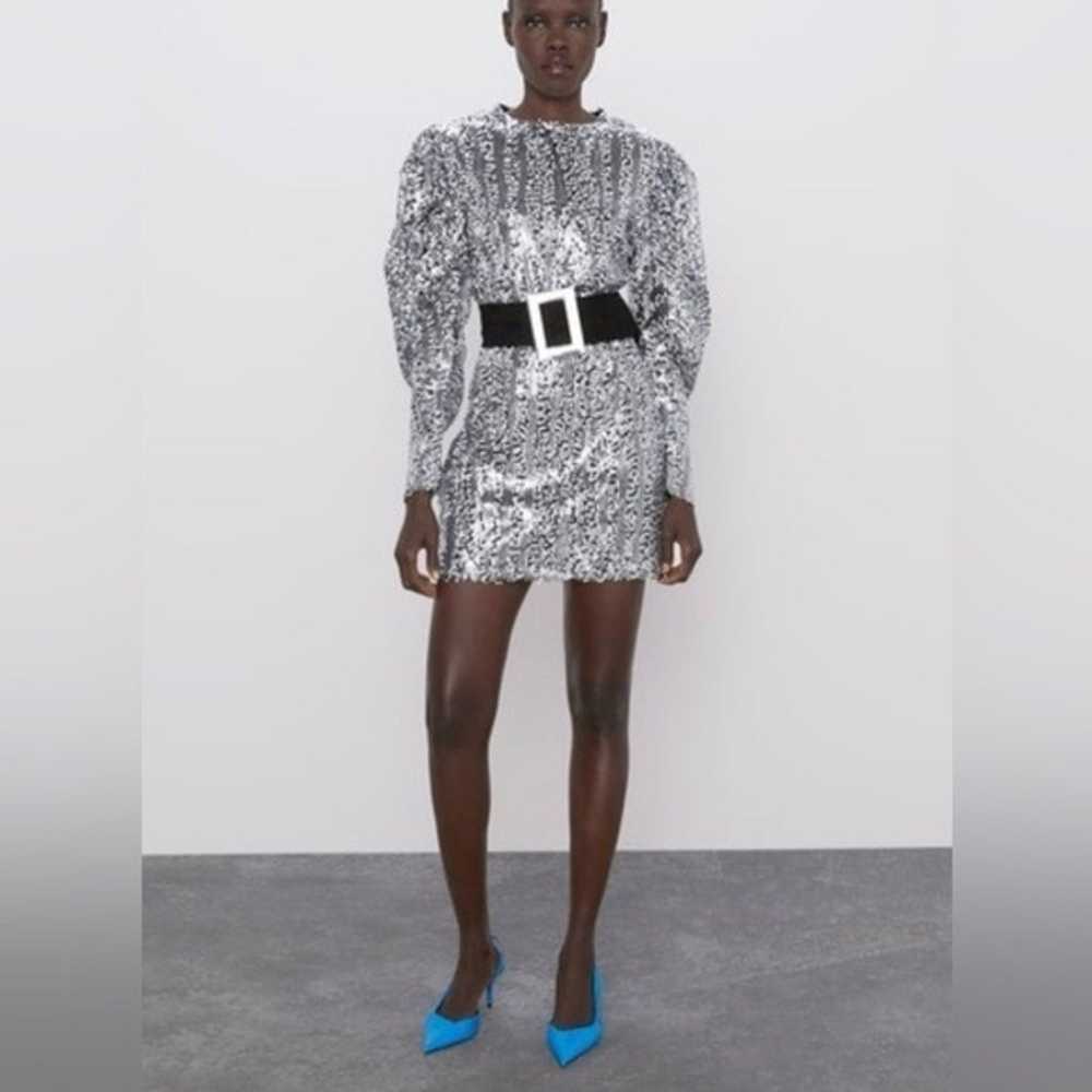 ZARA Silver Sequin Belted Long Puff Sleeve Cockta… - image 1